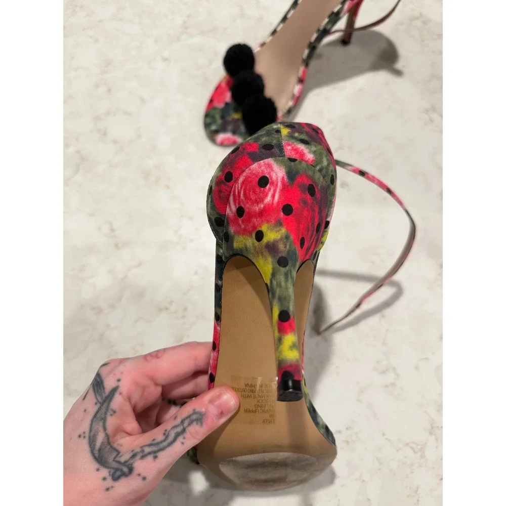 Betsey Johnson Lylly Floral Polka Dot Pom Pom Stiletto Heels Sandals Size 9B - Picture 6 of 7